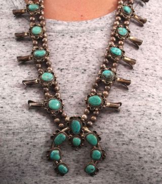 Authentic Western Navajo Indian Silver & Turquoise Naja Squash Blossom Necklace
