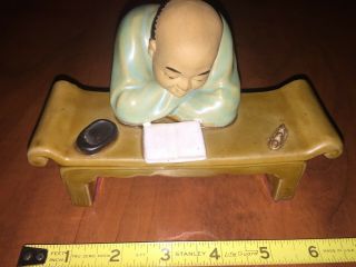 Chinese Mudman Sitting Man At Table - Bench Reading Book Ceramic,  Vintage Mudmen