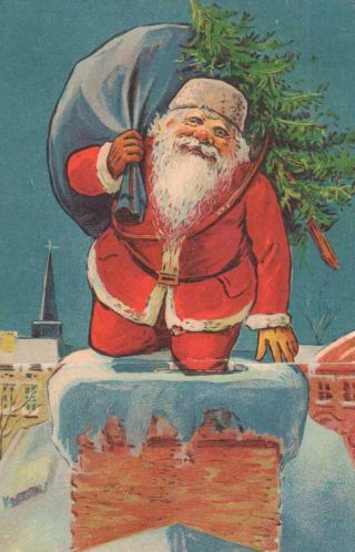 Vintage Christmas Advertising Card Santa Claus Chimney Snow Sack Tree Bear