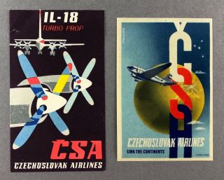 Csa Czechoslovak Airlines Il18 2 X Vintage Airline Luggage Baggage Label Gummed