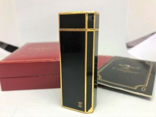 Auth Cartier Lacquer Pentagon 5 - Sided Lighter Black / Gold W Case & Card (1516)
