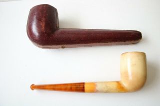 Meerschaum Pipe,  EDL,  Leather Case,  Amber Mouthpiece,  Antique? Vintage. 2
