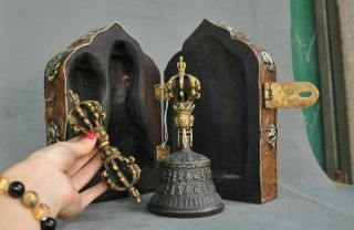Old Tibet Wood Bronze 24k Gold Om Mani Padme Hum Dorje Vajra Bell & Holder Box
