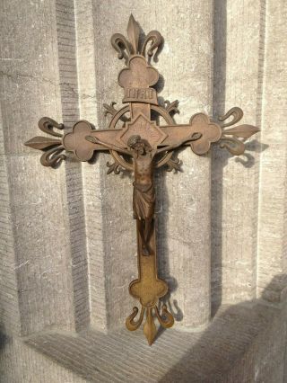 Big Antique Heavy Church Altar Wall Hanging Fleur De Lis Cross Crucifix Corpus