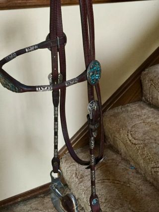 Victor Quality headstall/bridle,  sterling silver ferrules with turquoise conchos 2