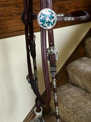 Victor Quality headstall/bridle,  sterling silver ferrules with turquoise conchos 4