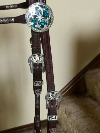 Victor Quality headstall/bridle,  sterling silver ferrules with turquoise conchos 6
