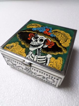 Mexican Folk Art Hand Painted Catrina Tile Punched Tin Jewelry Trinket Box