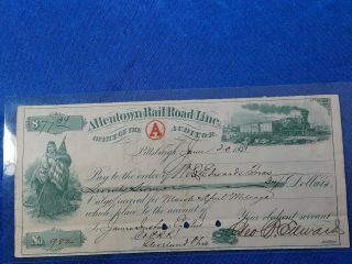 Bank Check,  Awesome Obsolete Note From Allentown Railroad Line 1873 Artwork