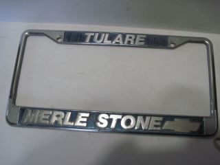 Rare Tulare California Merle Stone Chevrolet Vintage Dealer License Plate Frame