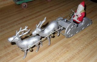 1930s Celluloid Santa In Silver Sleigh And Reindeer With Bells