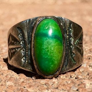 1910s Early Pawn Navajo Native Pueblo Cerillos Green Turquoise Silver Ingot Ring