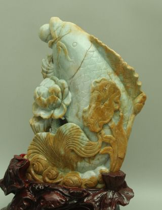 Cert ' d Untreated Yellow A jadeite Jade large Statue Sculpture fish lotus z02492Q 8