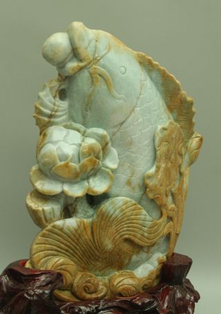 Cert ' d Untreated Yellow A jadeite Jade large Statue Sculpture fish lotus z02492Q 9