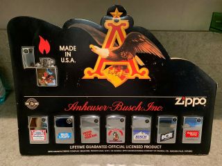 8 Anheuser - Busch Zippo Lighters W/ Countertop Display -