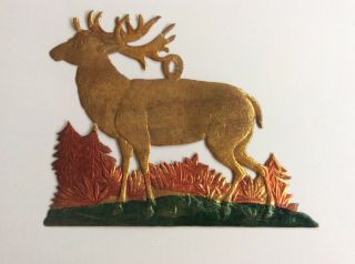 Antique Gold Die Cut Dresden Embossed Deer Red Green Christmas Paper Ornament