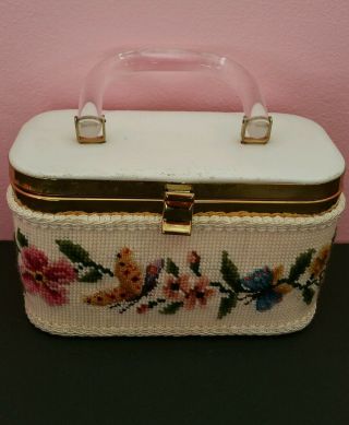 Vintage Needlepoint Floral Butterfly Purse Box White Lucite Handle
