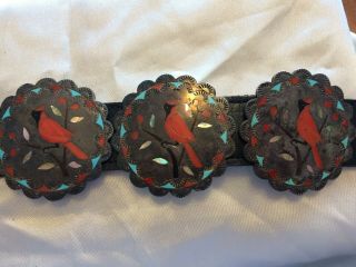 OLD PAWN STERLING SILVER INLAID CONCHO BELT INLAID BIRD CONCHO BELT TURQUOISE 10