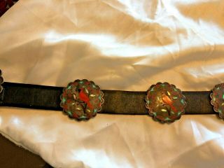 OLD PAWN STERLING SILVER INLAID CONCHO BELT INLAID BIRD CONCHO BELT TURQUOISE 3