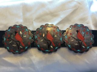OLD PAWN STERLING SILVER INLAID CONCHO BELT INLAID BIRD CONCHO BELT TURQUOISE 9