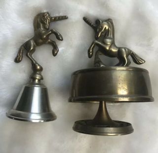Brass Unicorn Music Box & Bell Set Vintage 4.  5” Tall