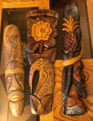 3 Vintage Jamaica Hand Carved Wood Souvenir Wall Hanging Great For Tiki Bar