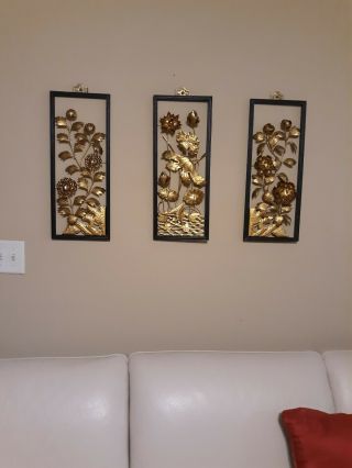 Vintage Metal Wall Art Wall Hanging 3 - D Gold Flowers Set Of 3