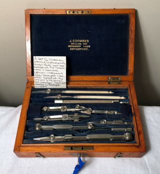 Antique Drawing Drafting Set Victorian Nickel Silver By J Coombes Devonport Uk