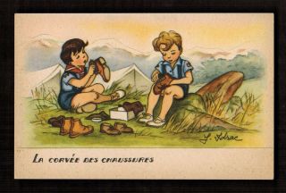 Boy Scouts 1940 " Cleaning Shoes " Postcard Wonderful Illustration (lowered Price