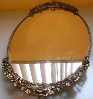Vintage Large Cast Brass Oval Vanity Perfume Tray Mirror Flowers Globe Velvet.