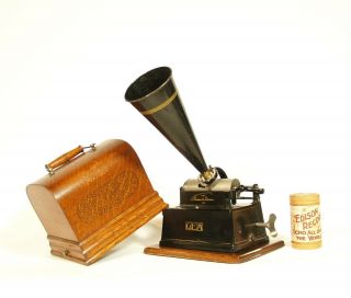Near,  All - 1900 Edison " Branded Case " Gem Phonograph W/orig.  Horn