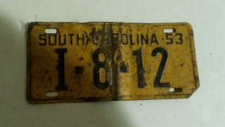 1953 South Carolina Motorcycle Tag Yellow I - 8 - 12