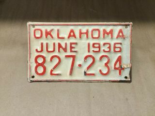 Vintage June 1936 Oklahoma License Plate Month Monthly Paint