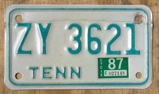 Tennessee Motorcycle License Plate 1987 Zy 3621