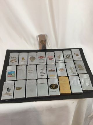 25 Vintage Slim Zippo Lighters - Most With Advertising 1959 - 1995