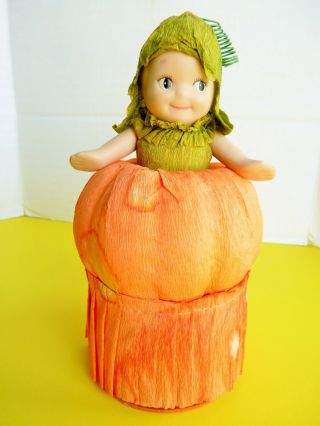 Rare Bisque Kewpie & Crepe Paper Antique Halloween Candy Container Lg 6.  5 "