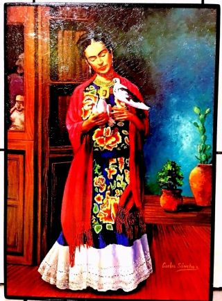 Painting/print Glassed Frida Kahlo & Dove Mexico Folk Art Wood Frame 16 " X11 " Lg