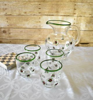 Mckenzie Childs Water Pitcher & 4 Glasses Set