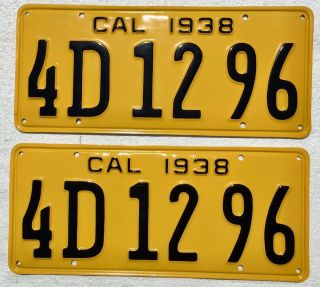1938 California License Plates Pair,  Dmv Clear,  Professionally Restored.