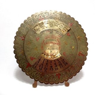 Vtg 100 Year Calendar Rotating Perpetual Brass Ornate Embossed Disk On Stand