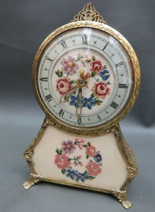 Vintage Vanity Petit Point Embroidered Mantle Clock For Restoration