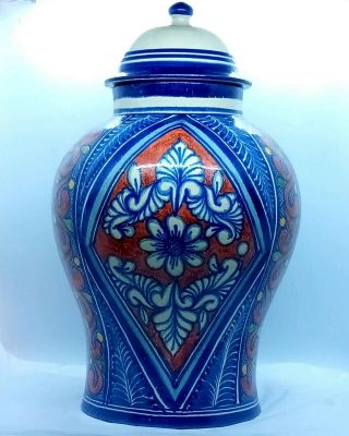 15 " Talavera Kangxi Jar Urn Vase Mexican Art Pottery Blue White Green Yellow Red