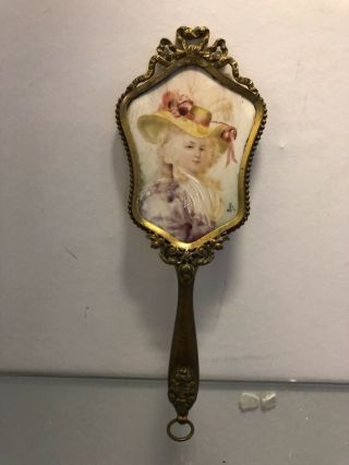 Antique French Hand Mirror Painted Miniature Portrait Signed Grooming Vanity