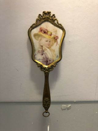 Antique French hand mirror painted miniature portrait signed grooming vanity 4