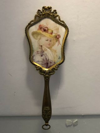 Antique French hand mirror painted miniature portrait signed grooming vanity 5