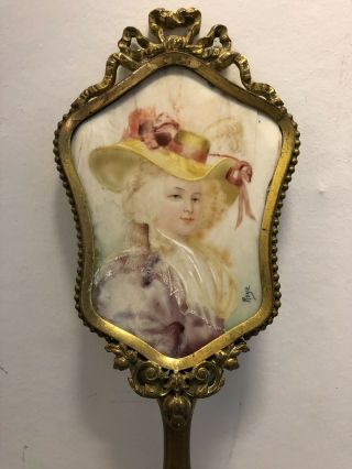 Antique French hand mirror painted miniature portrait signed grooming vanity 6