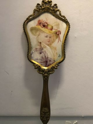 Antique French hand mirror painted miniature portrait signed grooming vanity 7