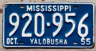 1955 White On Blue Mississippi License Plate Yalobusha