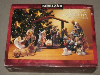 Kirkland Porcelain Nativity Set 75177 W/ Wood Creche 12 Piece Christmas