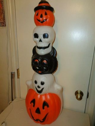 Halloween Blow Mold Totem Stack Pumpkin Cat Skull Ghost Lighted Empire 32”